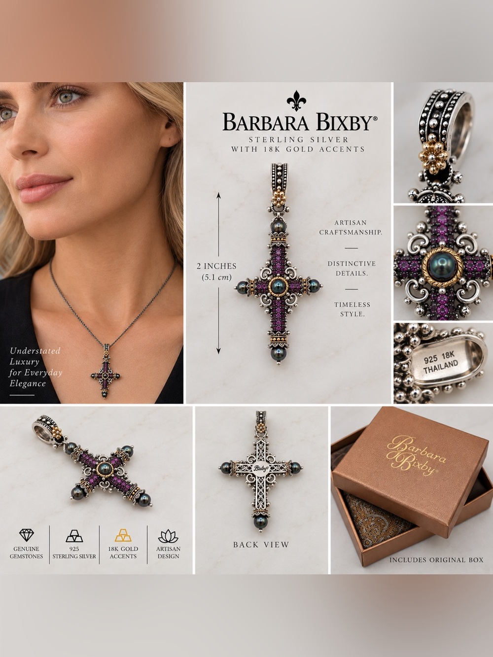 Barbara Bixby 925 Sterling Silver 18K Gold Gemstone Cross Pendant 2"